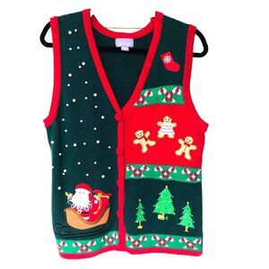 Laura Scott Green Knit Christmas Vest Womens L Embroider Embellish Crochet Pearl